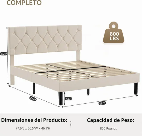 Vista 2 de VECELO Base de cama tamaño completo con cabecera capitoné con botones, plataforma tapizada con soporte de listones de madera, no necesita somier