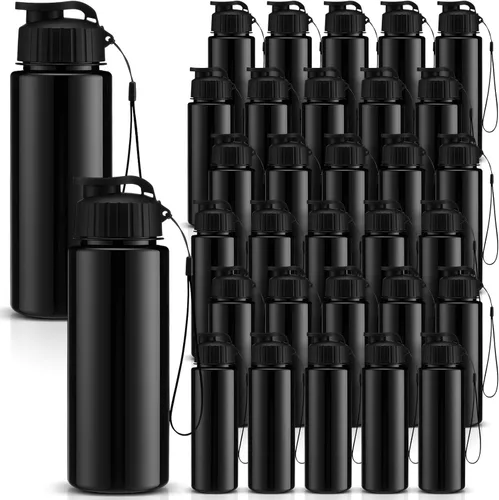 Vista 15 de Maxcheck 30 botellas de agua a granel, estilo clásico, negro 17 Oz Plastic Sports Water Bottles, Flip Top with Handle Strap, Lightweight Leakproof
