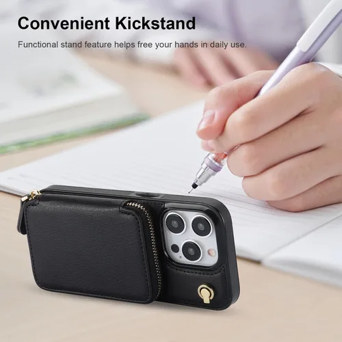 Vista 6 de Bocasal Funda tipo cartera cruzada para iPhone 15 Pro, funda de piel con bloqueo RFID y soporte para tarjetas, funda protectora con cremallera