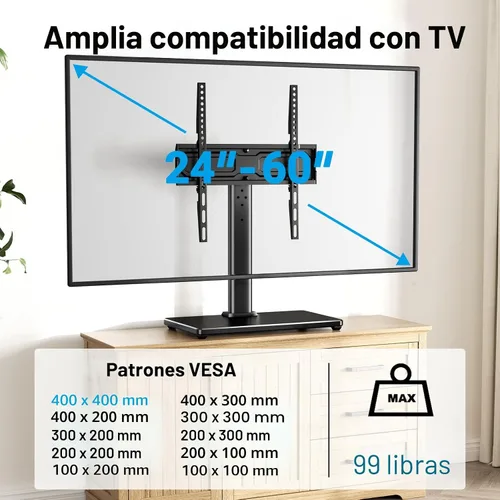 Vista 2 de PERLESMITH Soporte giratorio universal para TV de 24 a 60 pulgadas de hasta 99 libras, soporte de TV de mesa ajustable de 12 alturas, soporte