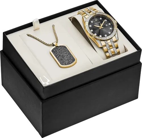 Vista 2 de Bulova Juego de caja de reloj calendario de cuarzo para hombre cristal de acero inoxidable tono dorado Modelo 98K107 Tono dorado Vestido