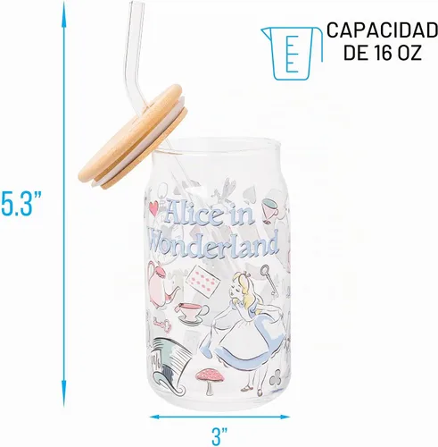 Vista 2 de Silver Buffalo Disney Alice in Wonderland Tarro de vidrio con tapa de bambú y pajita de vidrio, 16 onzas