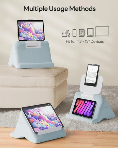 Vista 2 de SAIJI Soporte de almohada para tablet iPad mini soporte para Kindle para regazo en la cama, con elevador y clip multifunción ajustable en ángulo Azul