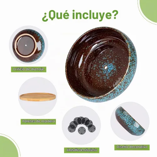 Vista 3 de ARTKETTY Macetas para suculentas, maceta grande de 7.5 pulgadas con bandeja de bambú, macetas de bonsái poco profundas con drenaje, maceta