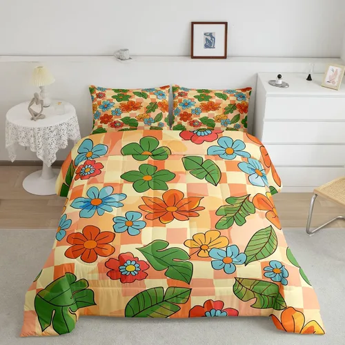 Vista 28 de Juego de ropa de cama con estampado floral bohemio, tamaño individual, diseño retro de flores groovy, 60S y 70S, juego de edredón de flores hippie