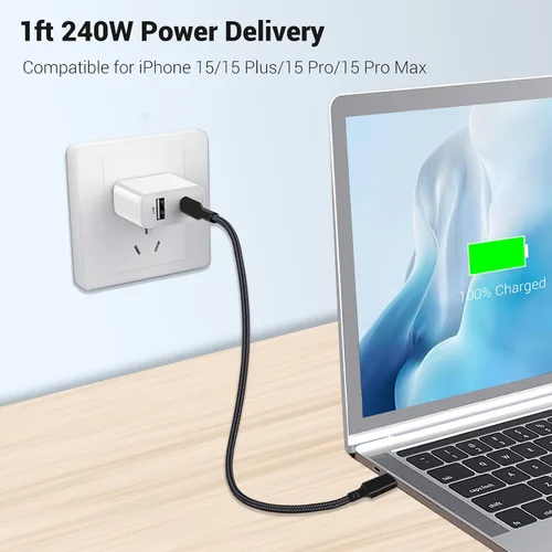 Vista 2 de Cable USB C a USB C de 240 W, 1 pie, negro, carga rápida de 5 A