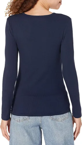 Vista 3 de Tienda Essentials Cuello redondo de punto acanalado de manga larga para mujer, ajuste delgado, paquete de 2