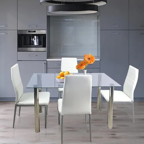Vista 2 de Juego de mesa de comedor, 5 piezas con moderna mesa superior de vidrio templado y silla de piel sintética, muebles de comedor para el hogar, cocina