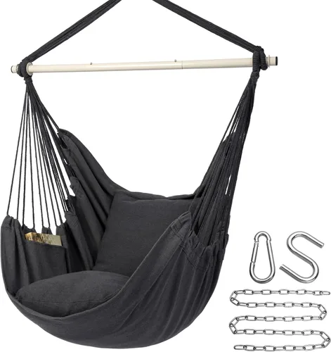 Vista 9 de Y- STOP Silla Hamaca Colgante Columpio de Cuerda, Máximo 500 Libras, 2 Cojines Incluidos, Silla Colgante Grande de Macramé con Bolsillo, Tejido