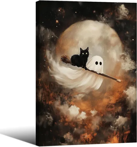 Vista 50 de Lienzo enmarcado negro para pared, póster de Halloween Dark Academia, pintura de gato negro, fantasma en la bañera, imágenes góticas de terror