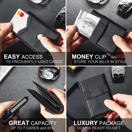 Vista 3 de GSOIAX Cartera delgada para hombre, piel auténtica, piel vacuna minimalista con bloqueo RFID y caja de regalo, Negro -, Slim
