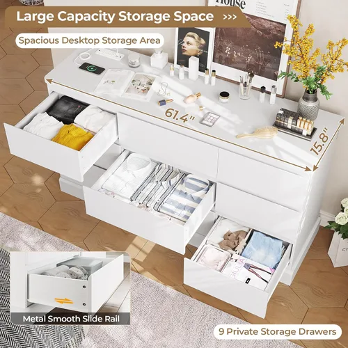 Vista 3 de Hasuit Cómoda Blanca Moderna para Dormitorio con 9 Cajones, Cómodas de 61.4" de Ancho Cajonera con Almacenamiento de Gran Capacidad, Cómoda Larga