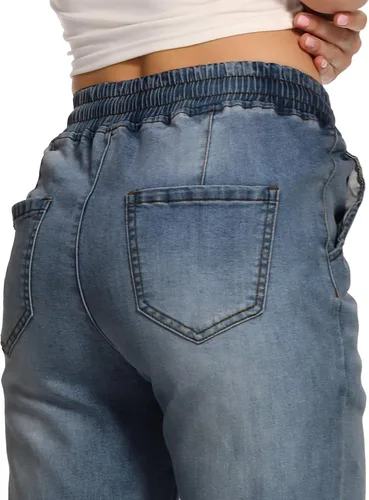 Vista 9 de V VOCNI Pantalones deportivos de mezclilla para mujer, con cordón en la cintura, bolsillos laterales, jeans casuales