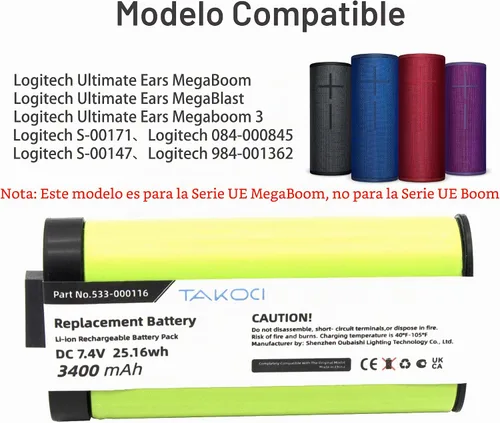 Vista 2 de Batería de repuesto para altavoz Bluetooth inalámbrico Logitech UE MegaBoom Series compatible con el número de pieza 533-000116 533-000146 7.4V