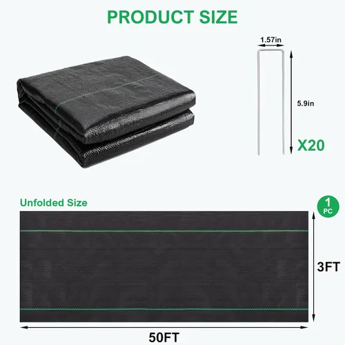 Vista 8 de Tela de barrera de malezas de 3 pies x 50 pies – 3.2 oz Premium Heavy Duty Weed Block cubierta del suelo con 20 clavijas de seguridad en forma de U