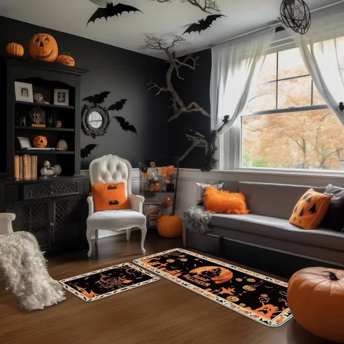 Vista 4 de Timgle 2 alfombras de Halloween con diseño de calabaza y esqueleto, diseño de bruja, para cocina y baño, decoración gótica para Halloween, hogar