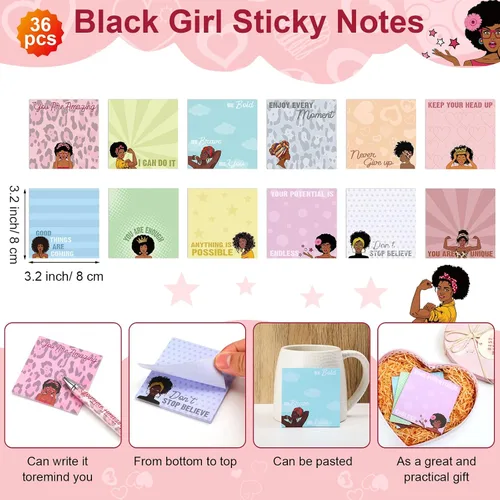 Vista 3 de Yeaqee Juego de 72 notas adhesivas para niñas negras con bolígrafos motivacionales, juego de regalos inspiradores afroamericanos, blocs de notas