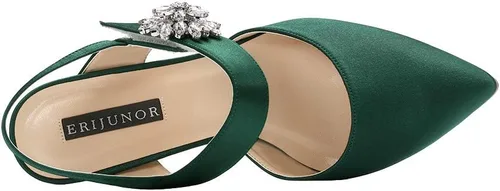 Vista 5 de ERIJUNOR Zapatos de tacón medio para mujer, con punta puntiaguda, broche de diamantes de imitación, zapatos de vestir de satén, zapatos de noche