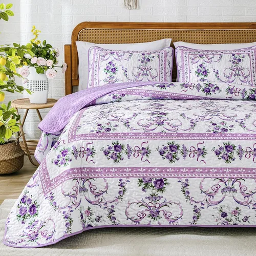 Vista 8 de Anibedding Juego de edredón Queen morado, 3 piezas con patrón floral