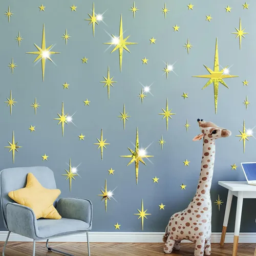 Vista 3 de Pegatinas de pared de espejo con estrella dorada, calcomanías acrílicas 3D removibles con estrellas adhesivas, espejo de estrella en explosión
