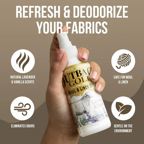 Vista 2 de Outback Gold - Spray de lino y ambientador de tela, spray natural para lana y lino, aroma de lavanda y vainilla, aceites esenciales, desodorante