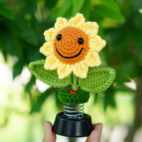 Vista 7 de Accesorios de girasol para automóvil, decoración de tablero de ganchillo, flores de sol sonriente agitadas, cabeza de bobblehead, decoración