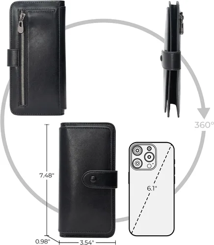 Vista 4 de Cartera de cuero con bloqueo RFID para mujeres, diseño delgado de triple pliegue con 14 ranuras para tarjetas y bolsillo con cremallera, Negro