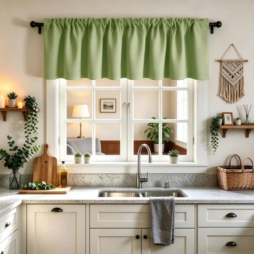 Vista 40 de Cenefa Beige Oscurecedora para Ventana, Cortina Corta con Bolsillo para Barra, Cenefa Primitiva para Sala de Estar, Baño, Guardería, Cocina, Ventana