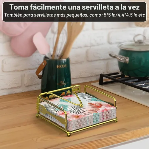Vista 3 de Servilletero para mesa, dispensador de servilletas plano con brazo con peso, soporte cuadrado de papel de cóctel de elegante hierro rústico para Oro