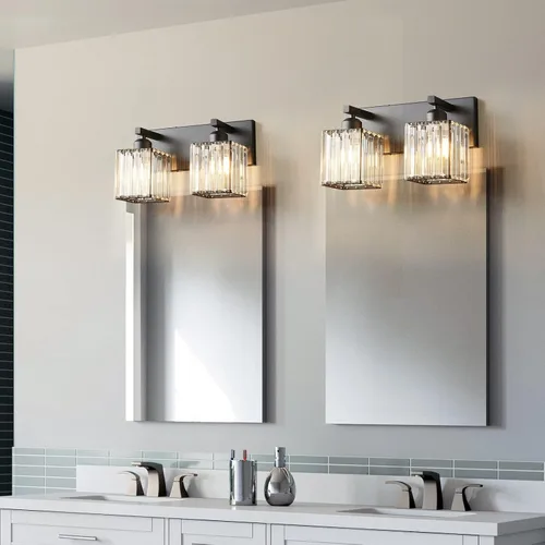 Vista 3 de Moderna lámpara de pared de tocador de baño de cristal negro de 2 luces Negro recto.