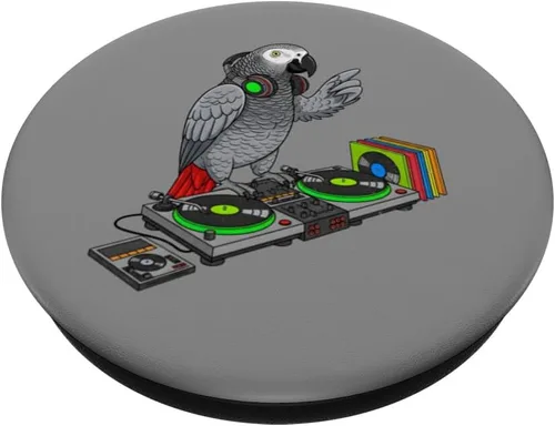Vista 2 de Tocadiscos de vinilo con diseño de loro de música retro, color gris africano, PopSockets adhesivos, PopGrip