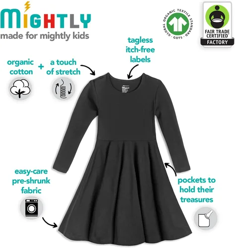 Vista 3 de Mightly Vestidos de manga larga para niña, paquete de 2 unidades, algodón orgánico, para la escuela de niños pequeños y niños, fiestas