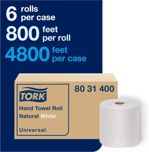 Vista 2 de Rollo de toallas de mano Tork Natural Blanco H80, Universal, 100% Fibra Reciclada, 6 Rollos x 800 pies, 8031400, 6 unidades (Paquete de 1)
