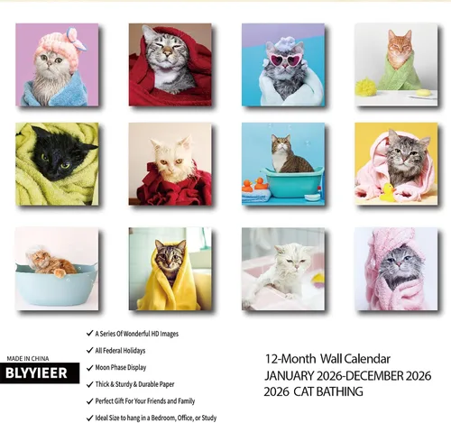 Vista 2 de Calendario de pared 2026, calendario de gatos 2026, calendario mensual de pared de baño de gatos, 12 x 24 pulgadas abierto, planificador familiar