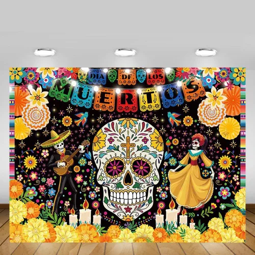 Vista 6 de MEHOFOND Telón de fondo del Día de los Muertos de 7 x 5 pies para fiesta mexicana, Día de los Muertos, decoración de fiesta de cumpleaños, pancarta