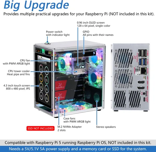 Vista 2 de FREENOVE Kit de Caja Pro para Raspberry Pi 5, Ranuras Dual M.2 NVMe SSD, 5 Ventiladores PWM ARGB Light Sync, Enfriador de Torre de CPU, Pantalla