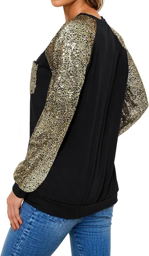 Vista 5 de Ezcosplay Blusa de lentejuelas brillantes para mujer, manga raglán larga, con purpurina, para fiesta, club, para fiesta