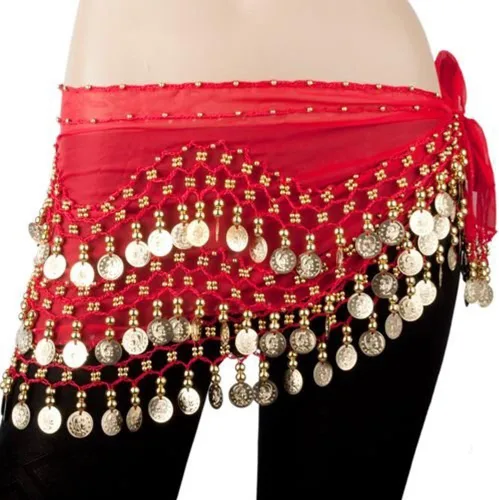 Vista 4 de REINDEAR Venta al por mayor Vogue Estilo Gasa Colgando Monedas Oro Vientre Danza Bufanda De Cadera