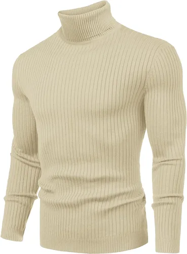 Vista 3 de Amussiar Men's Turtleneck Sweater Slim Fit Cotton Knitted Pullover Sweater Casual Lightweight Long Sleeve Top Beige