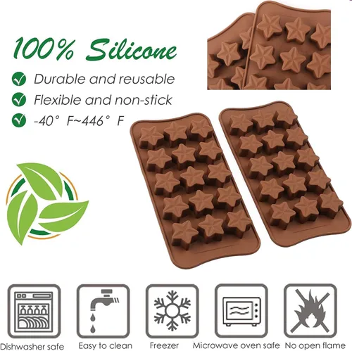 Vista 6 de 2 moldes de silicona con forma de estrella – Moldes antiadherentes para chocolate y dulces de 15 cavidades para postres, gelatina, cubitos de hielo