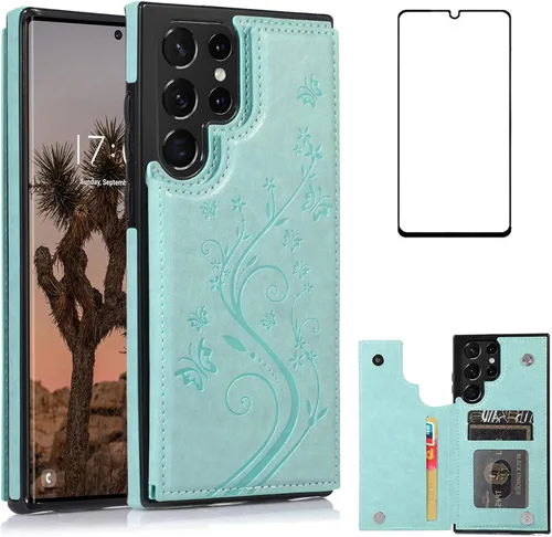 Vista 13 de Asuwish Funda para Samsung Galaxy S22 Ultra con protector de pantalla de vidrio templado, funda de cuero con soporte para tarjetas, doble cierre