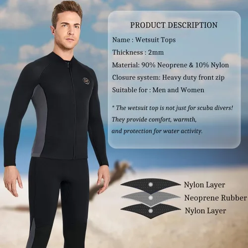 Vista 5 de Traje de neopreno superior de 0.079 pulgadas, chaqueta de neopreno para hombres y mujeres, cremallera frontal, manga larga, traje de buceo