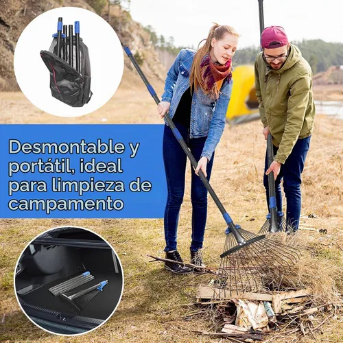 Vista 7 de Rastrillo de jardín ajustable para hojas - Rastrillo de metal resistente con cabeza expandible de 8-17" de largo, mango largo para césped, arbustos