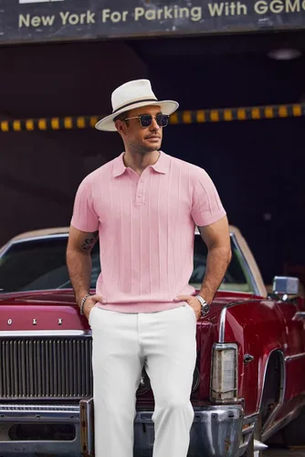 Vista 75 de COOFANDY Camisas polo de punto para hombre de manga corta con textura acanalada Camisas de golf casuales y ligeras con cuello Camiseta de polo
