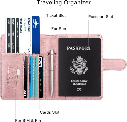 Vista 4 de WALNEW Funda para pasaporte, funda para pasaporte, tarjeta, cartera, E-oro rosa, Estilo E