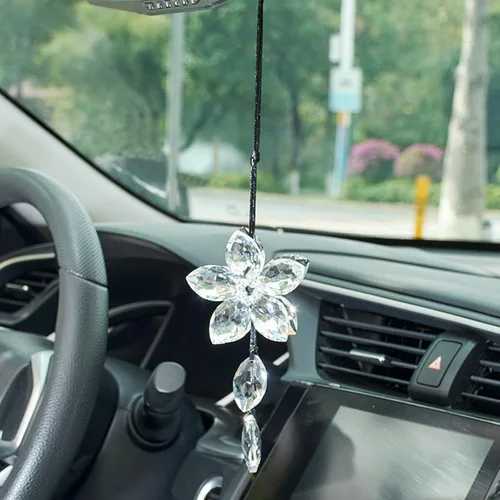 Vista 12 de Accesorio de pendiente decorativo, diseño de flor de cristal, para espejo retrovisor de vehículo, Azul