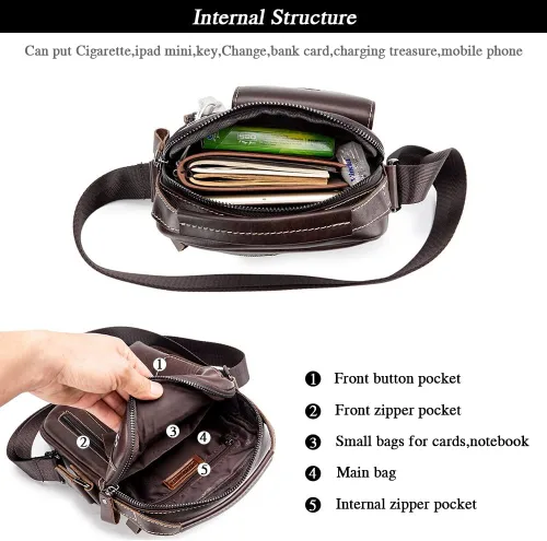 Vista 4 de BAIGIO Bolso bandolera de cuero pequeño para hombre, bolso bandolera para viajes, negocios, trabajo
