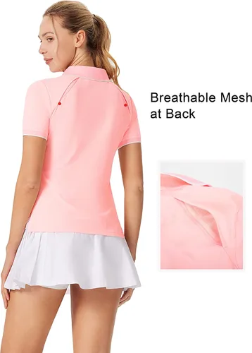 Vista 4 de Camisa de golf rosa para mujer, con cuello seco, color negro, UPF 50, talla XL, Rosado