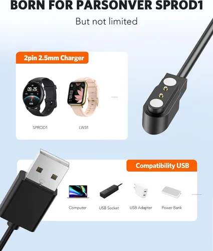 Vista 6 de Parsonver Paquete de 2 cargadores de reloj inteligente para SPROD1, cable de carga USB magnético para relojes inteligentes con cable de 2 pines
