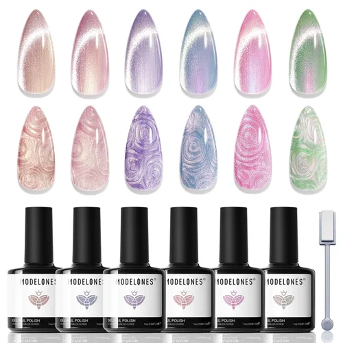 Vista 20 de modelones - Juego de 6 esmaltes en gel con efecto de ojo de gato cristalino, holográfico 9D, brillantina, negro, azul, morado, verde, con imán